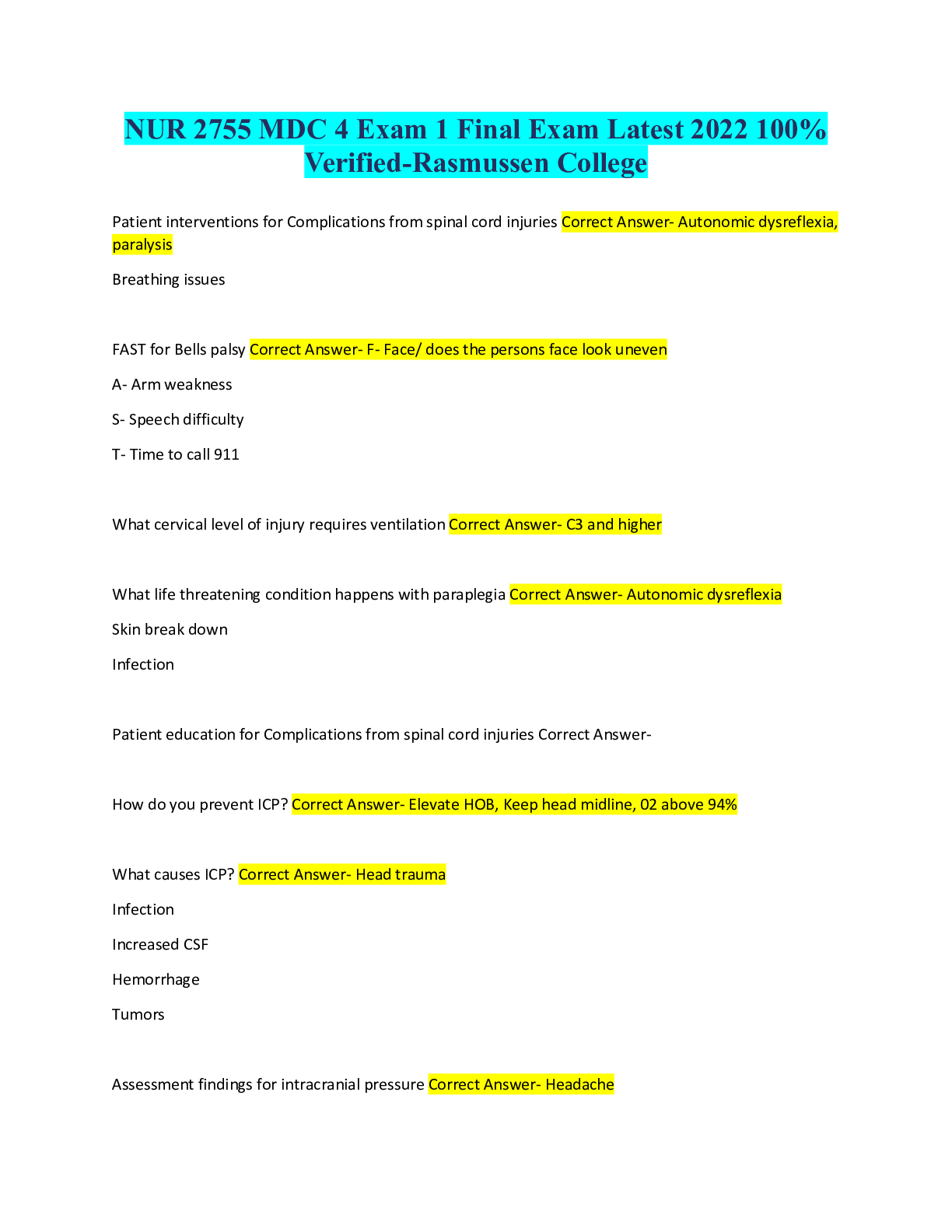 Preview image for NUR 2755 MDC 4 Exam 1 Final Exam Latest 2022 100% Verified-Rasmussen College